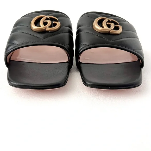 GUCCI | Marmont GG Jolie Matelasse Quilted Black Leather Low Heel Slides Sandals - Picture 5 of 14